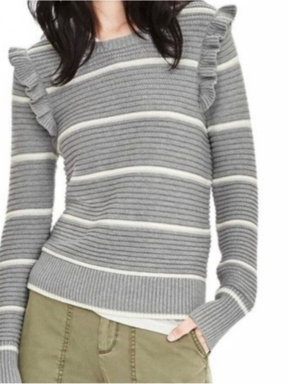 Banana Republic Gray Striped Ruffle Shoulder Sweater